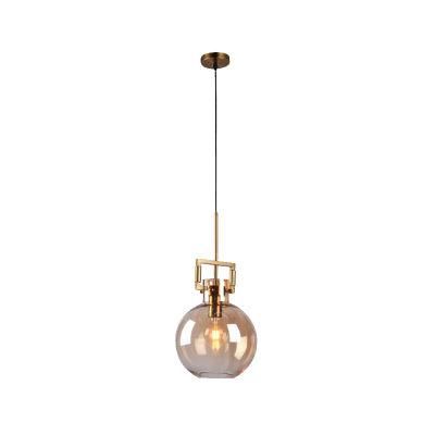 One Lite Round Brown Glass Ball Pendant Lamp in Gold