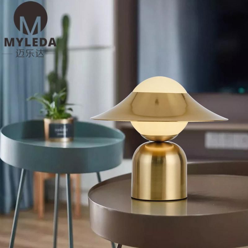 Modern Bedside White Glass Table Lamp with Brass Metal Base