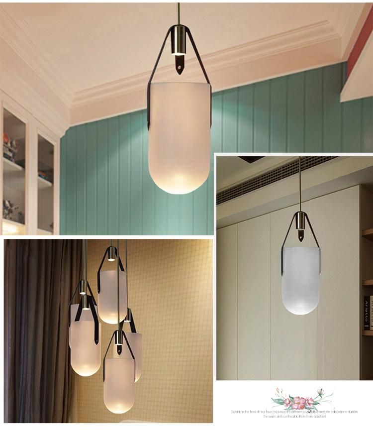 Modern Glass Bucket Leather Hanging Pendant Lamp Decoration Lighting