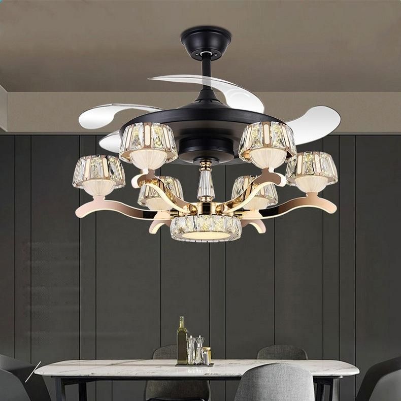 LED Ceiling Fan Decorative Luxury Retractable Chandelier Crystal Fancy Hidden Transparent Blade