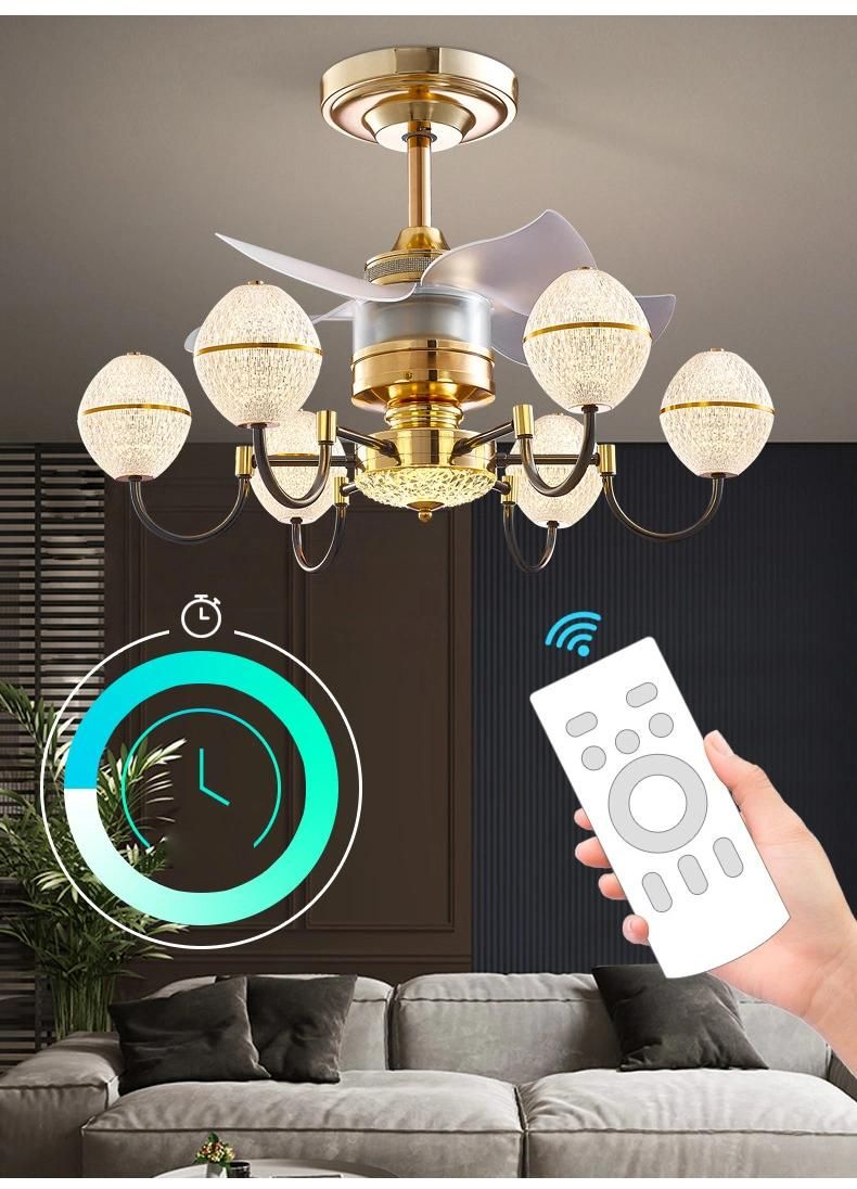 Modern Gold Copper Glass Ball LED Ceiling Fan Lamp Remote Control Ceiling Fan Lights