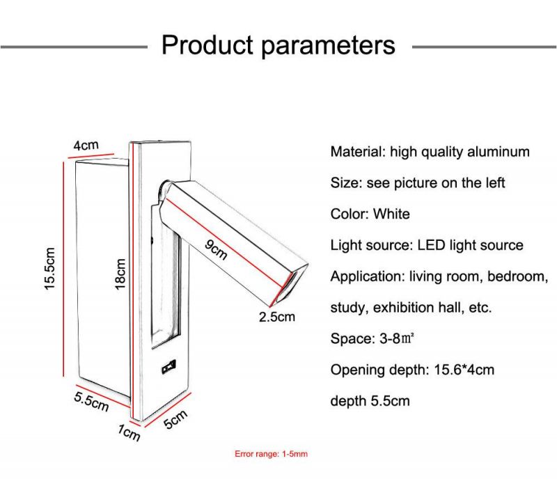 USB Wall Lamp for Bedroom Bedside Reading Lighting Ressessed Aluminum Wandlamp Sconces Fixtures Modern Book Lights