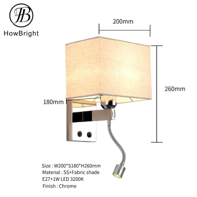 Chrome Hotel Wall Light Metal Fabric E27 Indoor Decorative Lighting with USB Gold Wall Lamp for Hotel Bed Table Lamp Reading Light