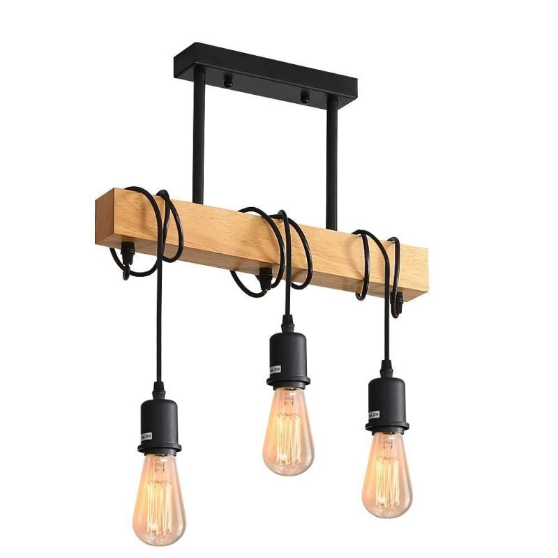 E27 Industrial Pendant Lighting, 3-Light Vintage Winding Lamp Loft Bar Wood Pendant Light (WH-VP-58)