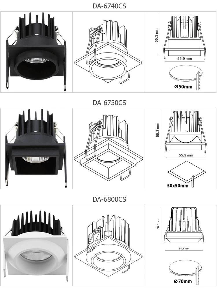 Hotel CCT 50mm Cut out Trimless Dimmable Anti Glare Down Light Square Antiglare COB Ceiling Recessed LED Downlight