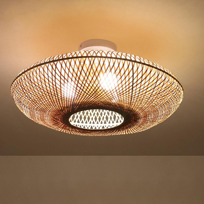 Round Bamboo Wicker Rattan Semi Flush Mount Ceiling Light (WH-WA-36)