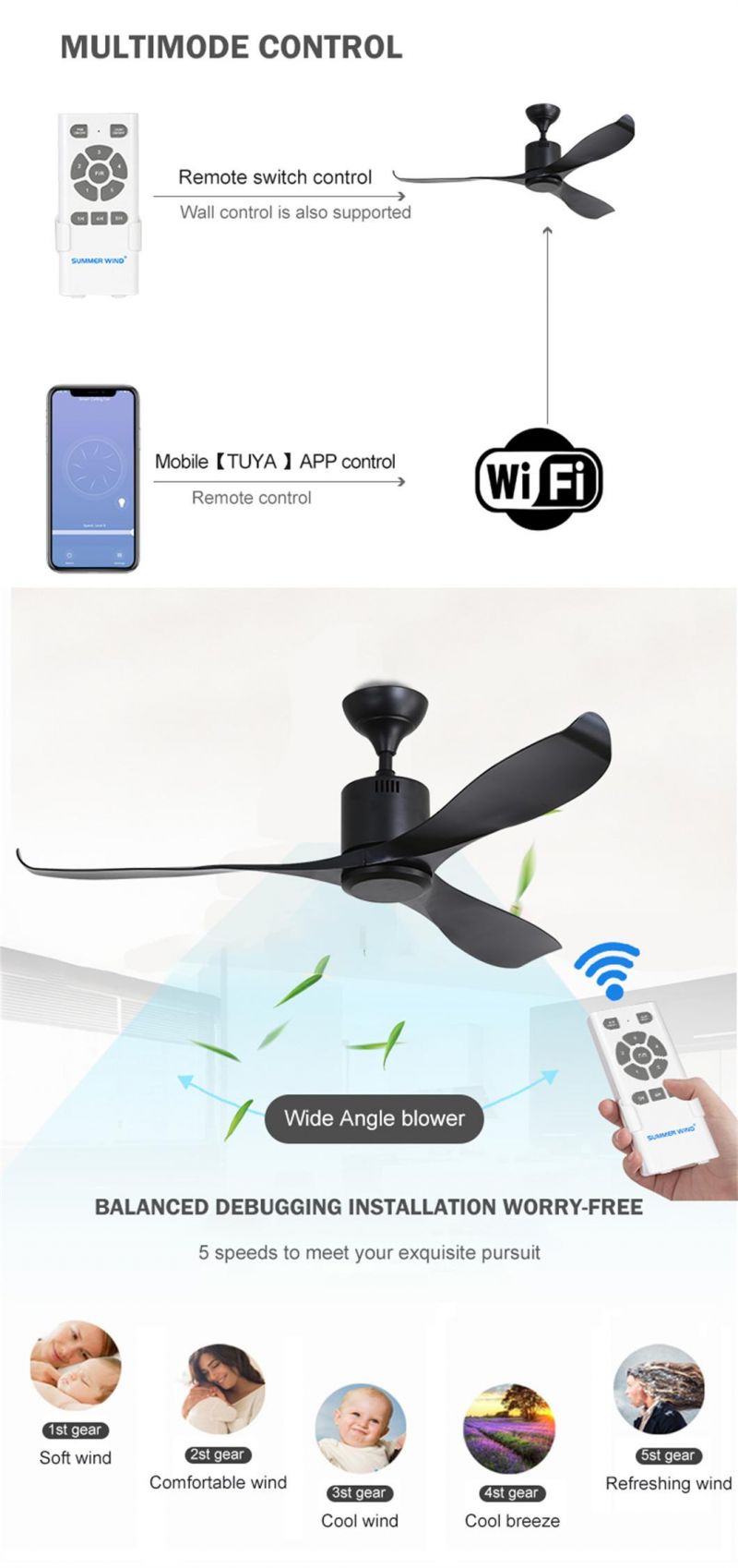 Simple Design Save Energy Silent 3 Fan Speed 56 Inch ABS Blade Light Ceiling Fan