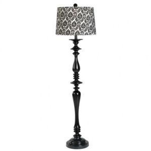 Satin Black Finish Floor Lamp with Black Damask Hardback Shade