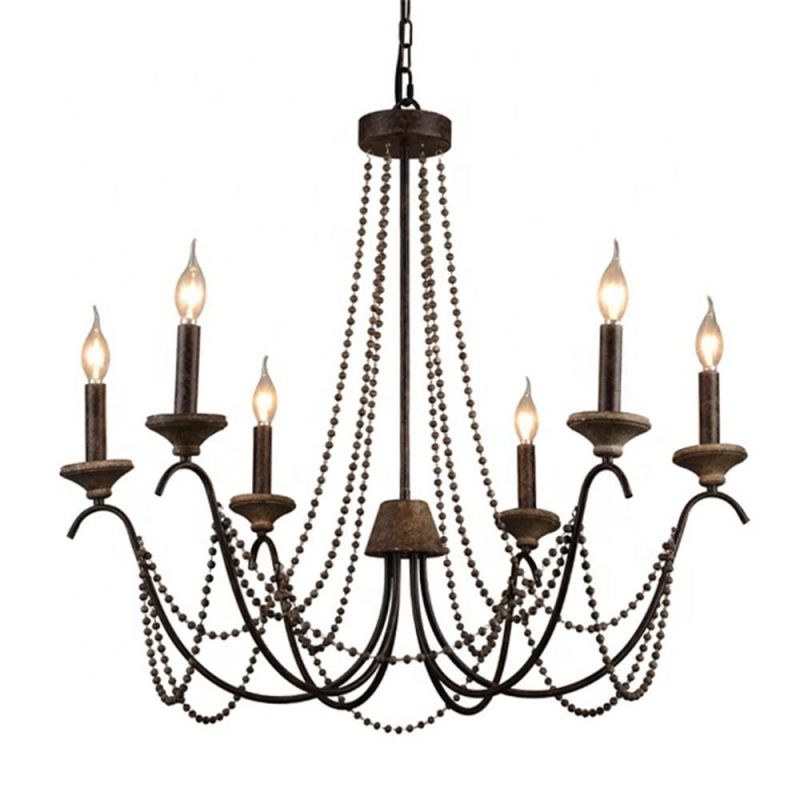 Country Style Iron Wooden Beads Chain Pendant Lights Chandelier