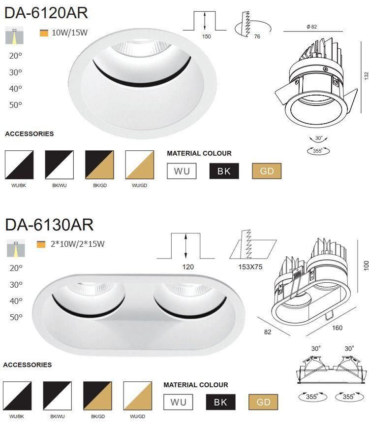 Single Head Aluminum 10W 15W Adjustable LED COB Recessed Spotlight Downlight