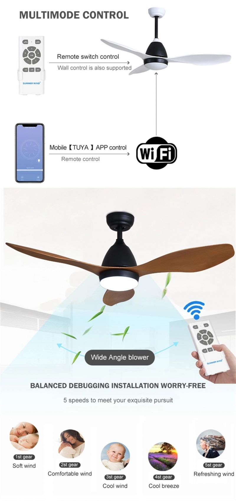 Energy Saving Motor Multi Function LED Remote Control Ceiling Fan Light