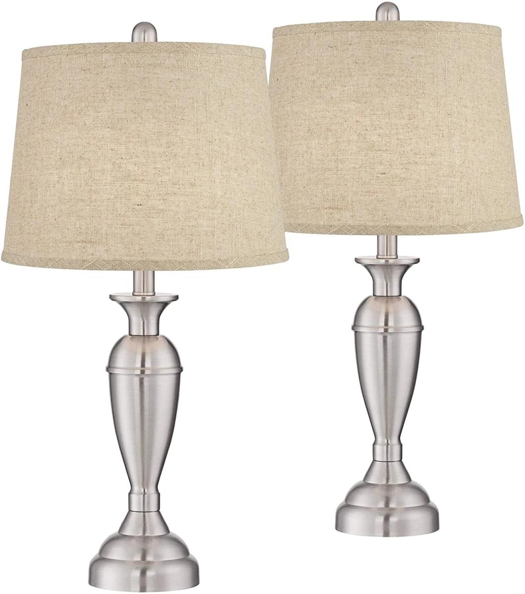 Blair Contemporary Modern Style Brushed Nickel Silver Metal Drum Shade LED Light Bulb Table Lamps for Living Room Bedroom House Bedside Nightstand Lighting