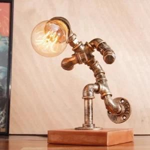 Bronze E27 Socket Pipe Robot Wrought Iron Table Lamps with Wood
