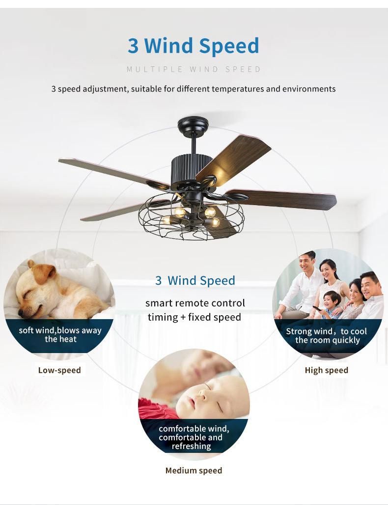 Hot Sale USA Morden Industrial Style Wooden 5 Blades LED Ceiling Fan with Light Bulb for Ceiling with Remote Control