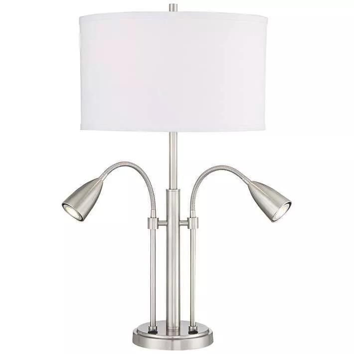 UL Listed Brushed Nickel and Silver Hotel Table Wood Lamp with Outlet& USB Port and Base Switch