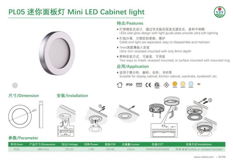 LED Cabinet Light for Furniture (DC12V, 1.8W; 65mm*H10mm)