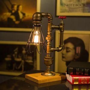 Industrial Rustic Waterpipe Cage Desk Lamp with Wood Base