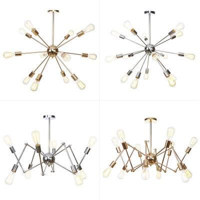 Industrial Modern Loft Fixtures Hanging Brushed Brass Gold Metal Iron Starburst Sputnik Chandelier Pendant Light for Living Room