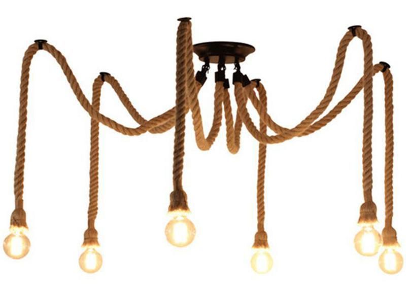 Vintage Hemp Rope Chandelier Lamp Hanging Pendant Light Ceiling Lights Indoor Decoration Lighting