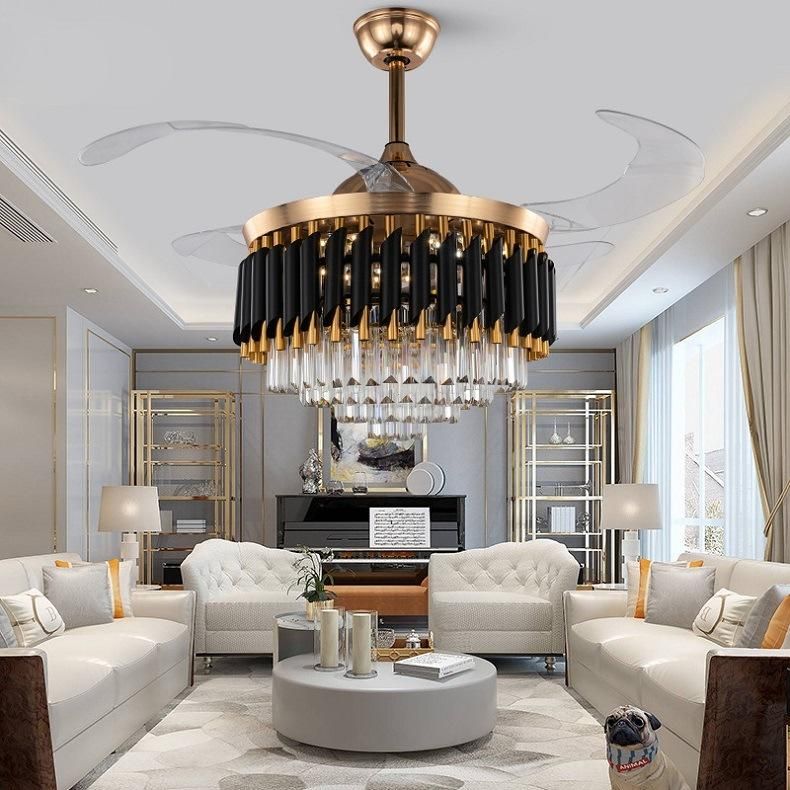 High Quality 42 Inch Luxury Invisible ABS Blade Fan Chandelier Lighting Remote Control Black Crystal Chandelier LED Ceiling Fan