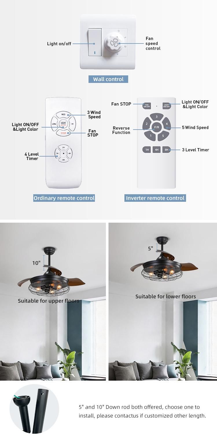 Modern Remote Control Invisible 4 Blade Retractable Ceiling Fans with Light for Kitchen Living Room