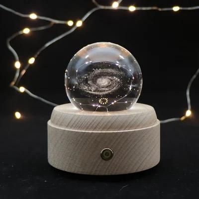 Warm White LED Wooden Table Desk Lamp Music Box USB Battery Night Light with Galaxy Crystal Ball