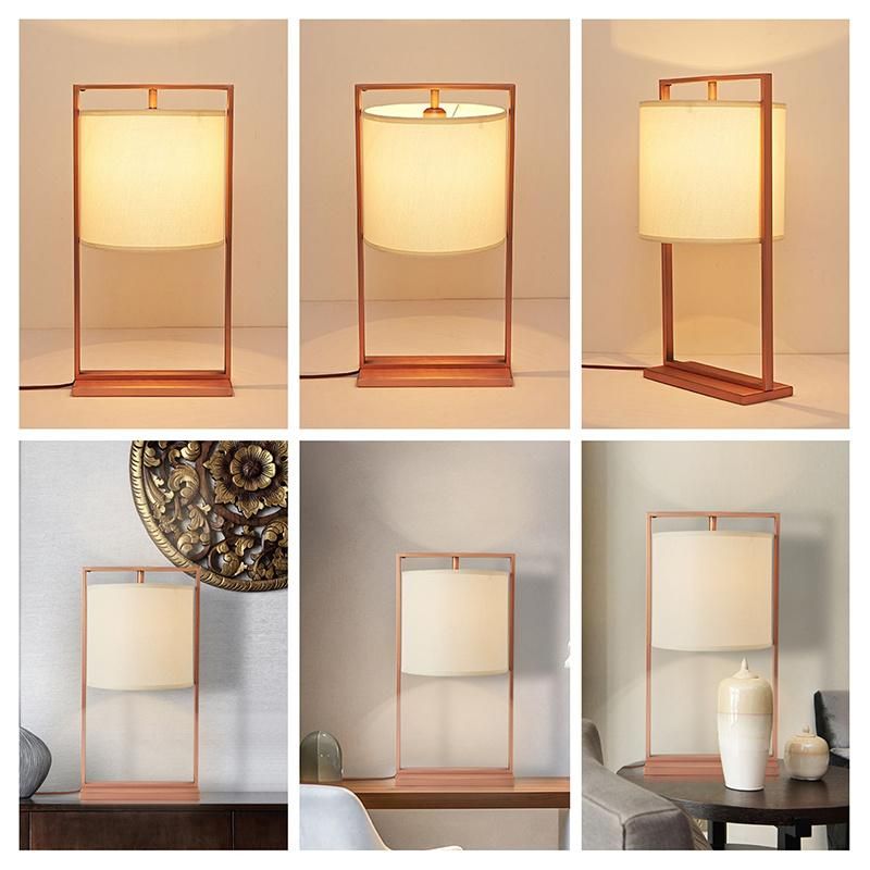 Jlt-4588 Rose Gold Square Table Lamp with Round Fabric Shade for Hotel Guest Room Home Bedroom Bedside