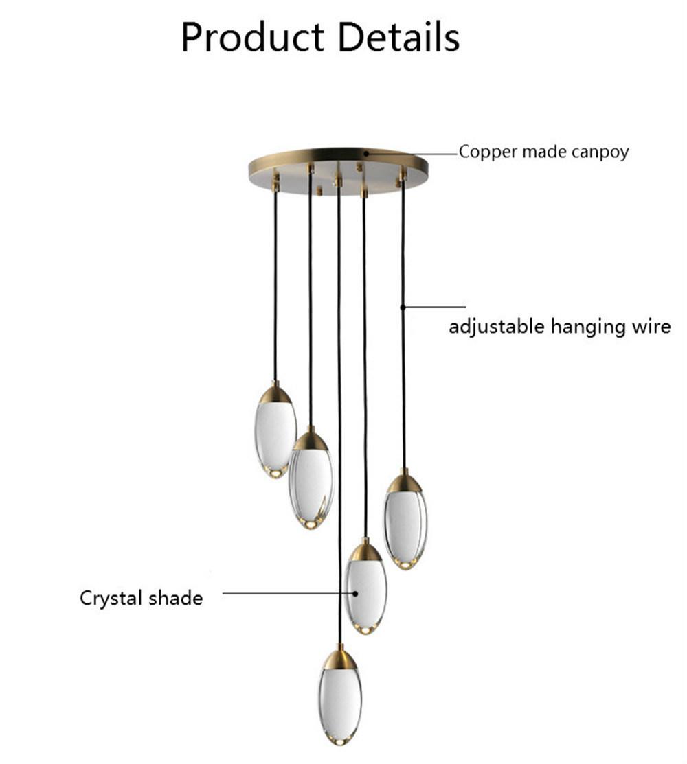 Crystal Stair Chandelier Lighting Modern Copper Luxury Design Hanging Lamp