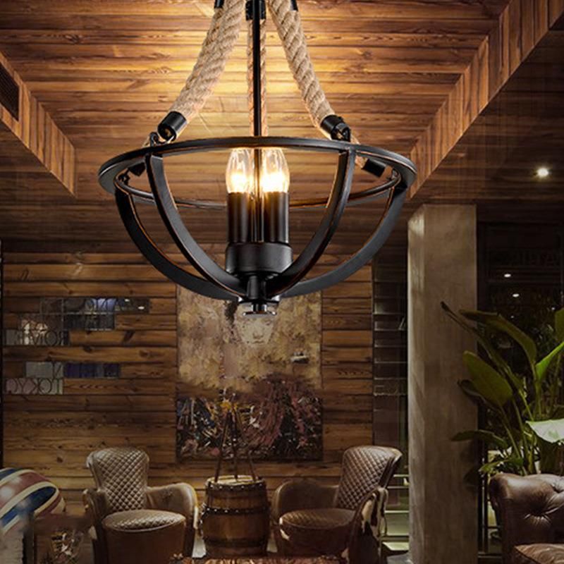 Vintage Hemp Rope Chandelier Lamp Hanging Pendant Light Ceiling Lights Indoor Decoration Lighting