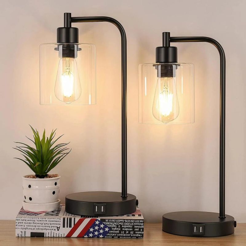 3-Way Touch Control Industrial Table Lamps with 2 USB Port Dimmable Lights for Bedrooms Bedside Nightstand Desk Lightings with Glass Lampshade for Reading