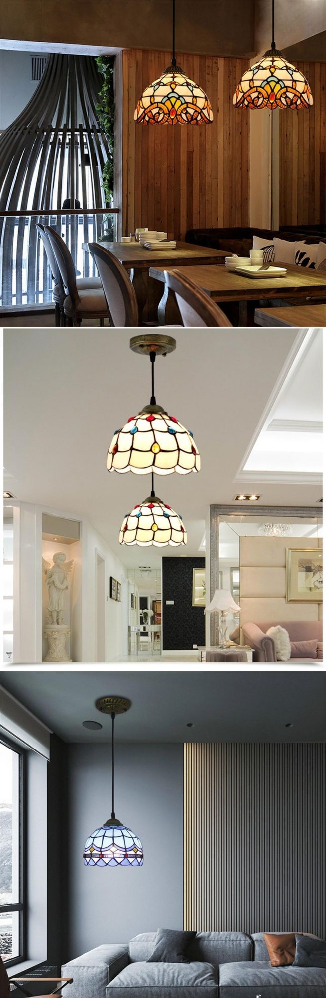 Tiffany Stained Glass Pendant Lights Vintage Mediterranean LED Kitchen Hanging Lamp Dining Room Stair Bar Home Lighting Fixtures