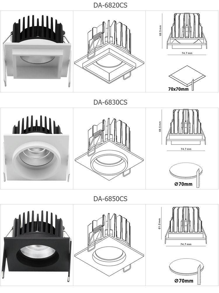 Hotel Project Square Trimless Frame Anti Glare COB SMD Dimmable Recessed Ceiling LED Lamp Downlight