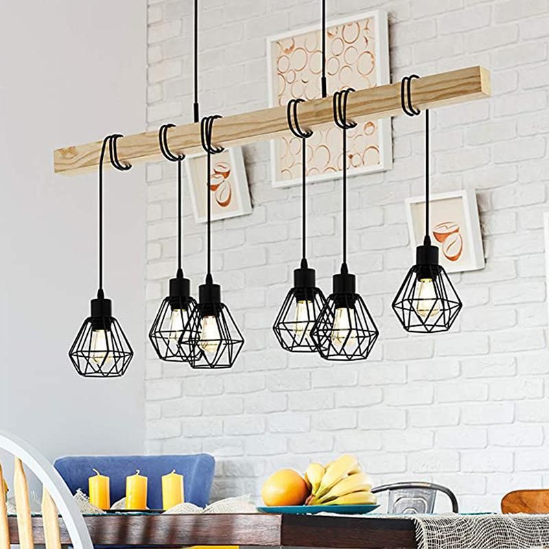 East Asian Wooden Frame Iron Lamp Indoor Living Room Dining Room Hanging Modern Chandelier