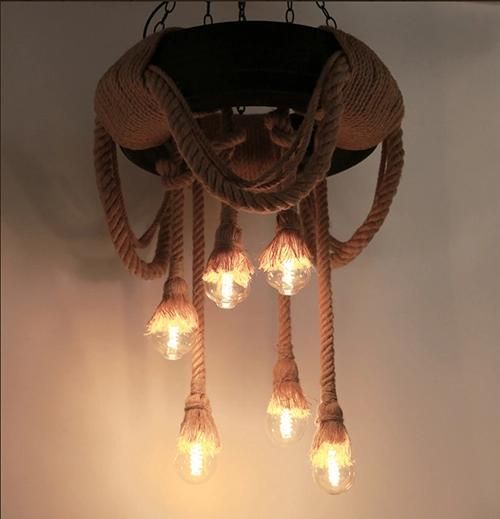 Industrial Ceiling Light Black Rattan Pendant Light with Rubber Hemp Rope Light