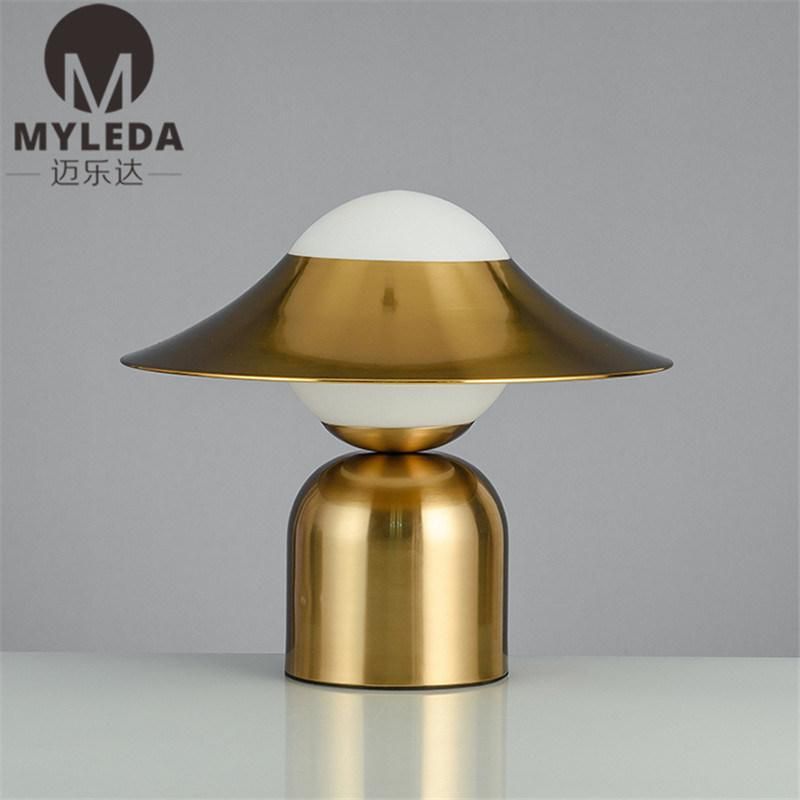 Modern Bedside White Glass Table Lamp with Brass Metal Base