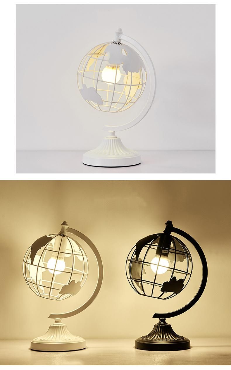 Modern Nodic Selling White Color Iron Metal Sculpture Hollow out Rotation Decorative World Globe Table LED Light Lighting Lamp