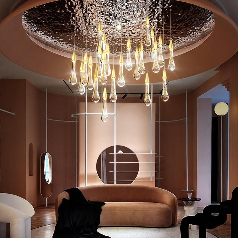 Rotating Stair Chandelier Modern Water Drop Stateroom Light Creative Villa LED Pendant Lamp