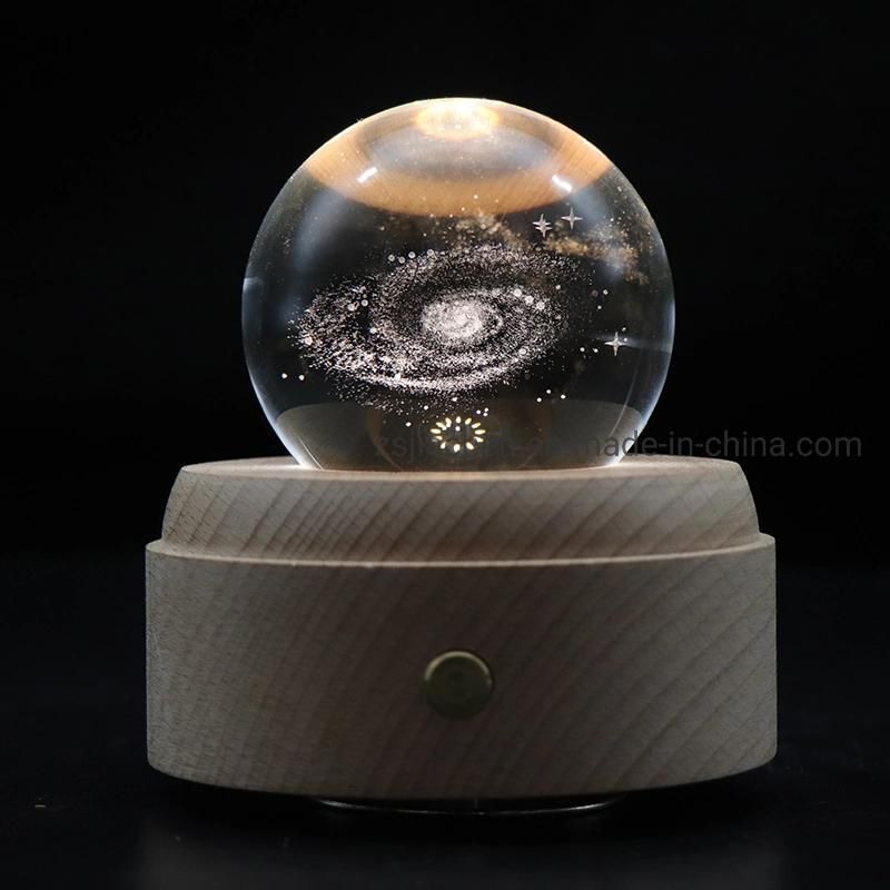 Warm White LED Wooden Table Desk Lamp Music Box USB Battery Night Light with Galaxy Crystal Ball