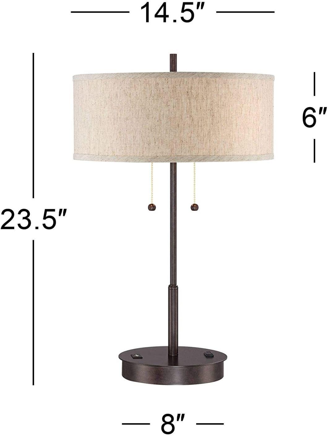 Modern Accent Table Lamps Set of 2 with Hotel Style USB and AC Power Outlet in Base Bronze Slim Fabric Drum Shade for Living Room Bedroom House Bedside