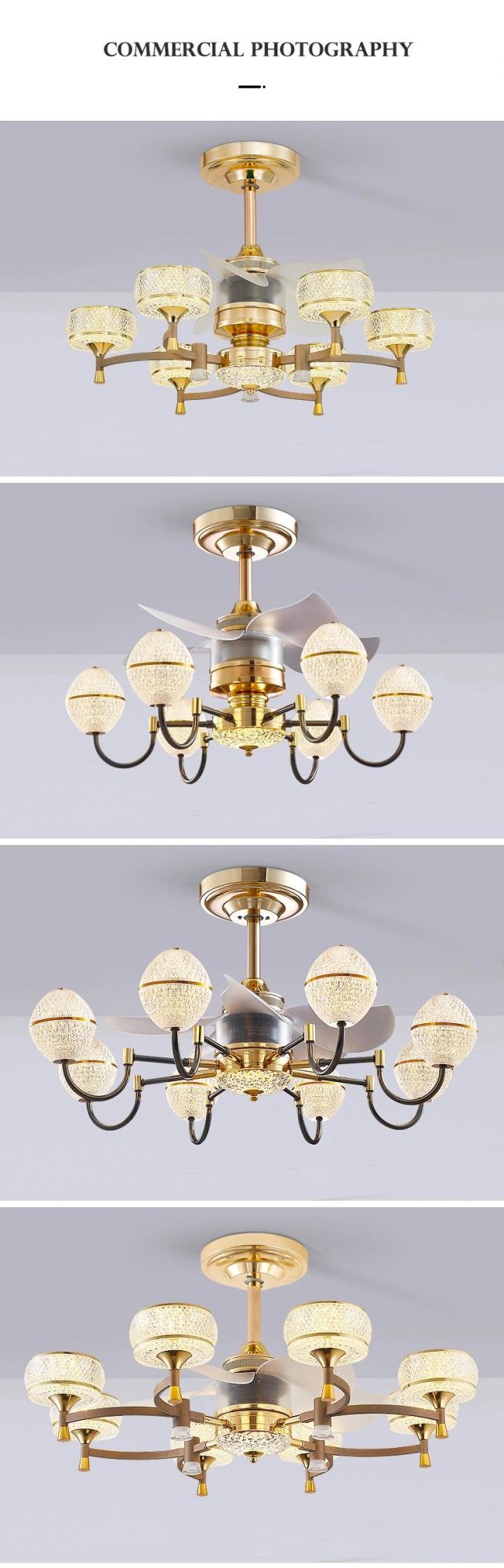 Modern Gold Copper Glass Ball LED Ceiling Fan Lamp Remote Control Ceiling Fan Lights