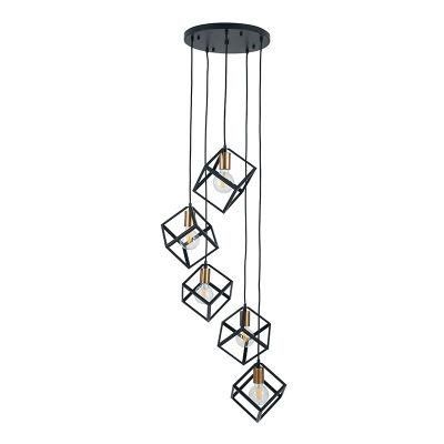 Alessio Matt Black Antique Brass Metal Five Cube Pendant Lamp