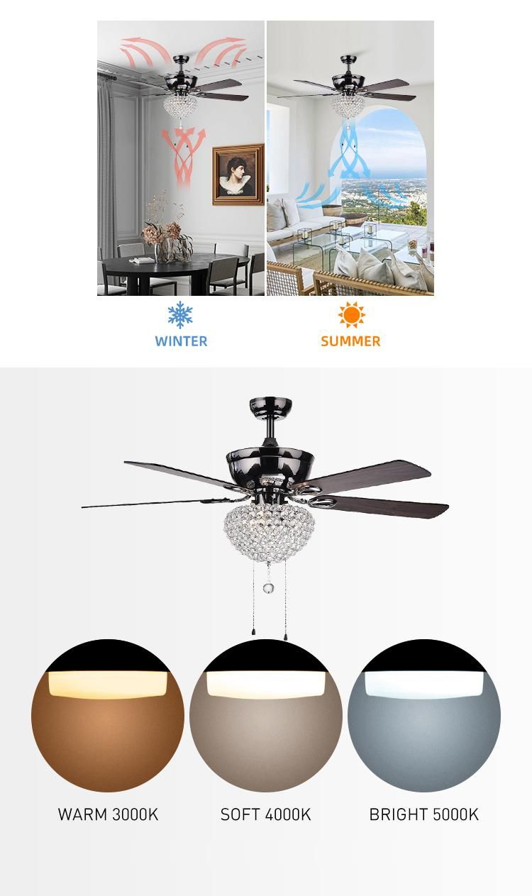 Fancy Hanging Design Crystal 52inch 5blade Silent Decorative Lighting Ceiling Fan with Remote Control Ceiling Fan Lamp