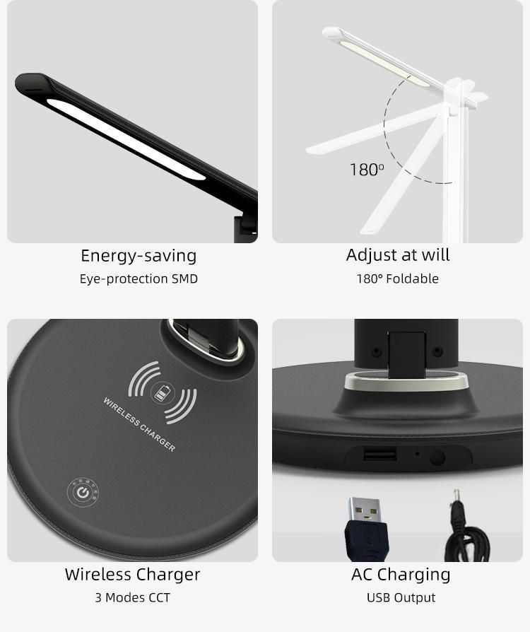 3 Color Adjust Wireless Charging LED Table Reading Lamp Folding Wireless Charger Desk Lamp with Clock/Temperature/Calendar