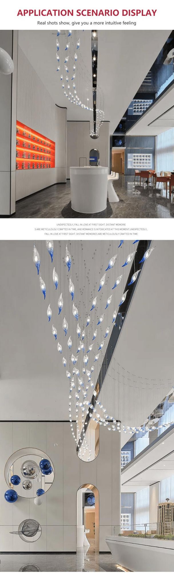 Large Decorative Hotel Long Stair Luxury Blue Glass LED Custom Project Chandelier Light