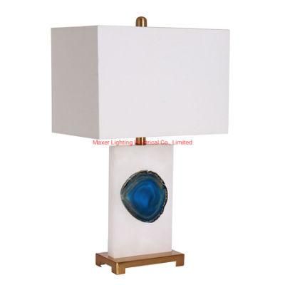 Hotel Table Lamp, Metal in Gold, with Marble Stone, Fabric Shade