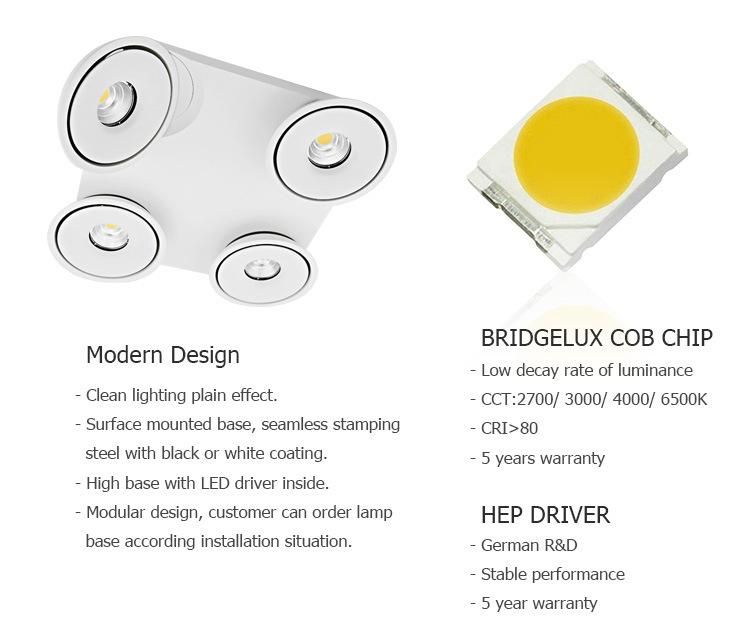 Four Heads Commercial Square Shape Office Hotel Home COB 60W Surface Mounted LED Spotlight