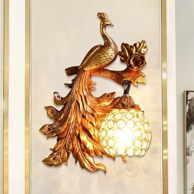 Vintage Creative Art Deco Peacock Resin Wall Lamp Gold Vanity Luxury Bedroom Wall Light (WH-OR-62)