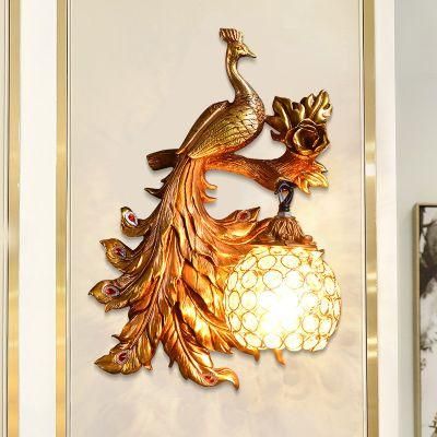 Vintage Creative Art Deco Peacock Resin Wall Lamp Gold Vanity Luxury Bedroom Wall Light (WH-OR-62)