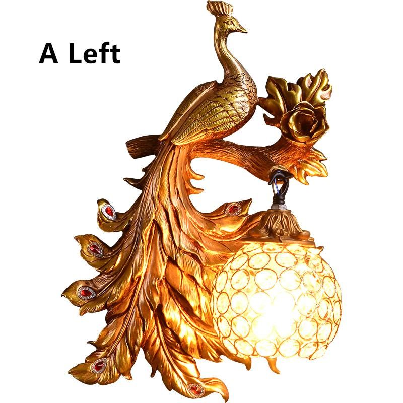 Vintage Creative Art Deco Peacock Resin Wall Lamp Gold Vanity Luxury Bedroom Wall Light (WH-OR-62)
