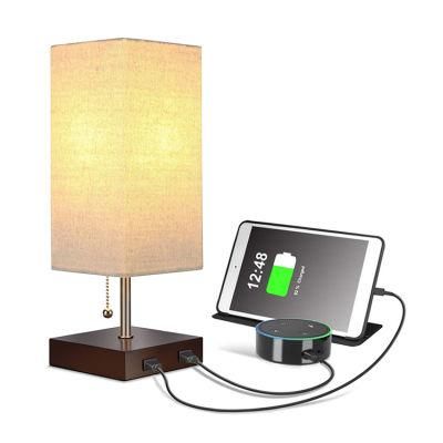 Jlt-15656-2 Free Sample Double USB Charging Port Linen Shade Brown Table Rechargeable Lamp